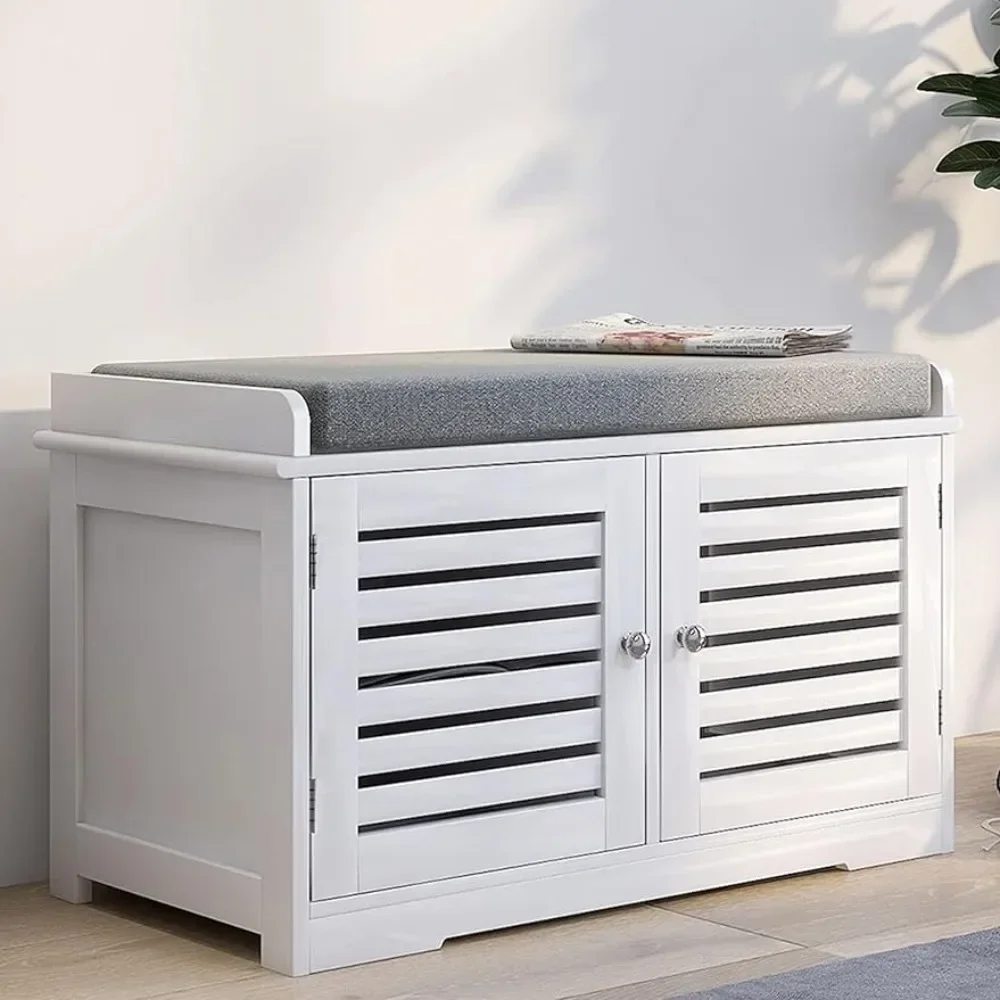 

Shoe Storage Benches with 2 Doors & Padded Seat Cushion in Grey Shoe Cabinet Shoe Entryway Freight free