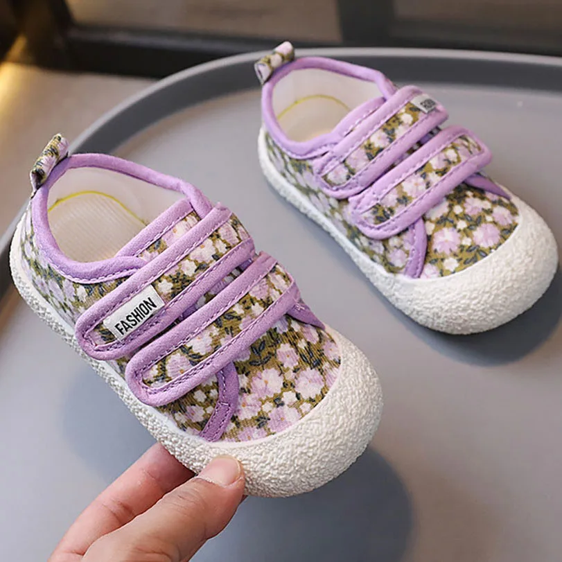 Spring Canvas Shoes For Kids Korean Style Flower Printed Little Girl's Sport Shoes Ergonomics Baby Toddler Shoes Fashion Sneaker