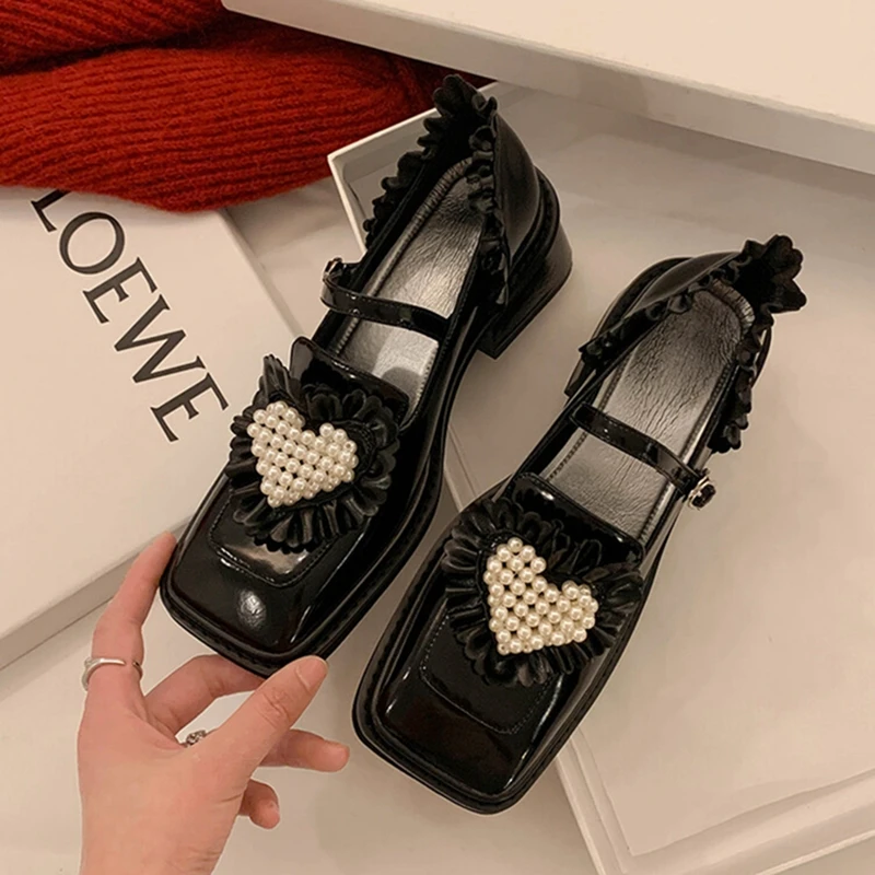 NEW Spring Women Pumps Split Leather Shoes for Women Square Toe Chunky Shoes Ruffled Lace Mary Janes Sweet Heart Lolita Shoes