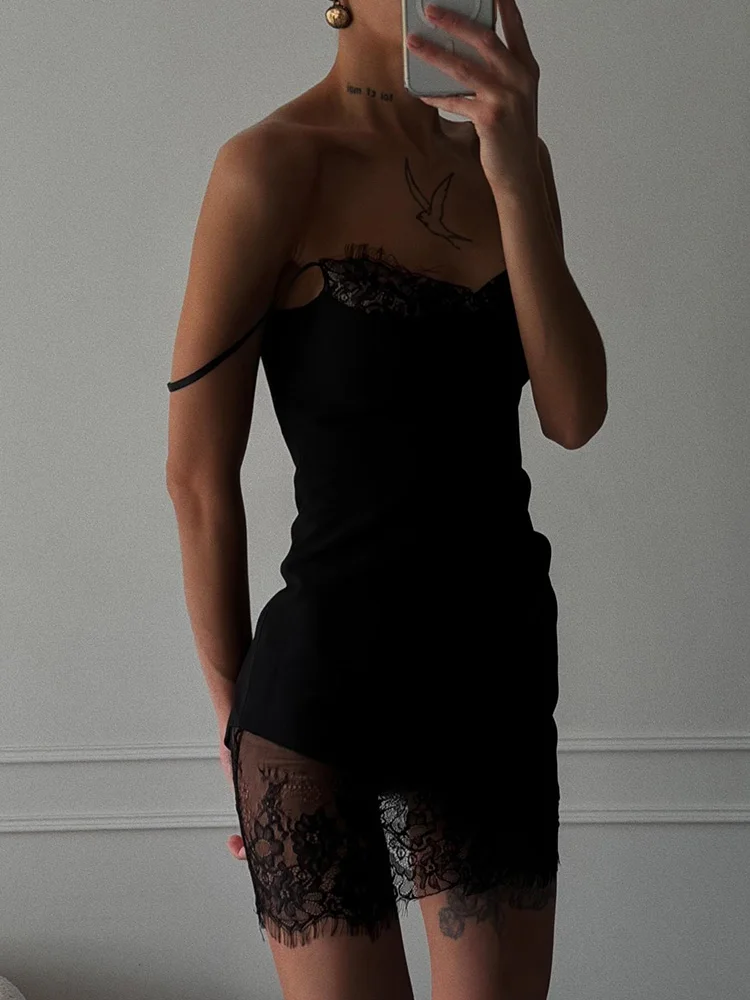 여성용 솔리드 패치워크 레이스 드레스, 섹시한 스트랩 민소매 V넥 시스루 미니 원피스, 슬림핏 여성 의류