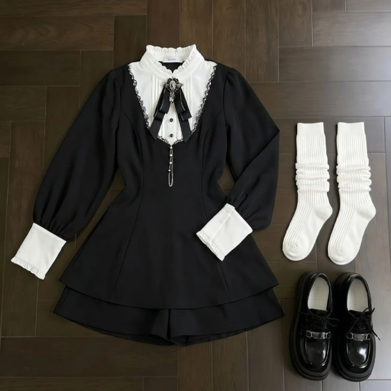 Damen Vintage Gothic Zweiteiler mit Rüschenkragen, Langen Puffärmeln, Schleifenkette und Mini-Skort im Amerikanischen Retro Y2K Dark Lolita Stil