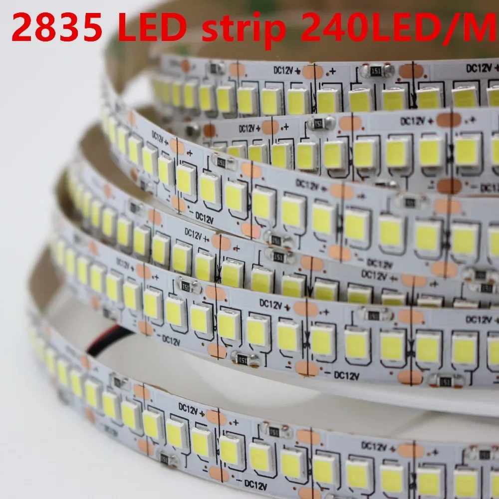 1m 2m 3m 4m 5 m/partia 10mm PCB 2835 SMD 1200 taśma LED DC12V ip20 niewodoodporny elastyczne światło 240 diod/m, biały ciepły biały