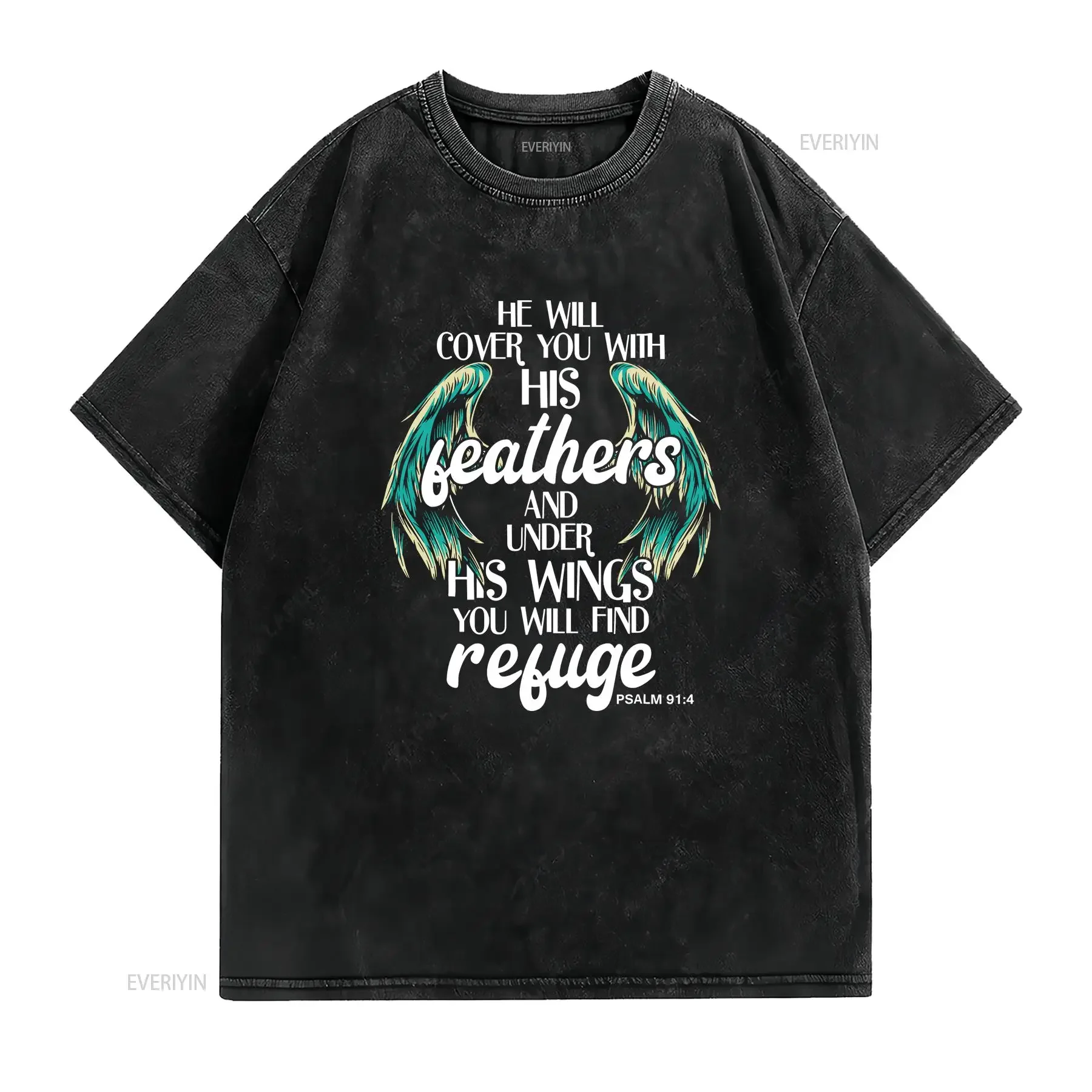 He Will Cover You With His Feathers Bible Quote Psalm 91 4 Christian Jesus T Shirt vintage Washed Slightly Versatile