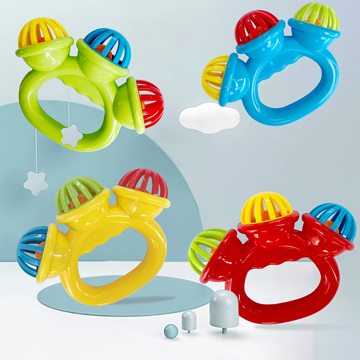 Mão colorida Cranked Ringing Bell Toy para o bebê, Infantil e Criança, Toque de Som, Mão Cranking, Três Cabeças Bell