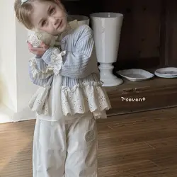 Korean Children's Clothing Girls' Set 2025 Spring New Children's Forest Series Lace Cardigan Wide Leg Pants Two Piece Set