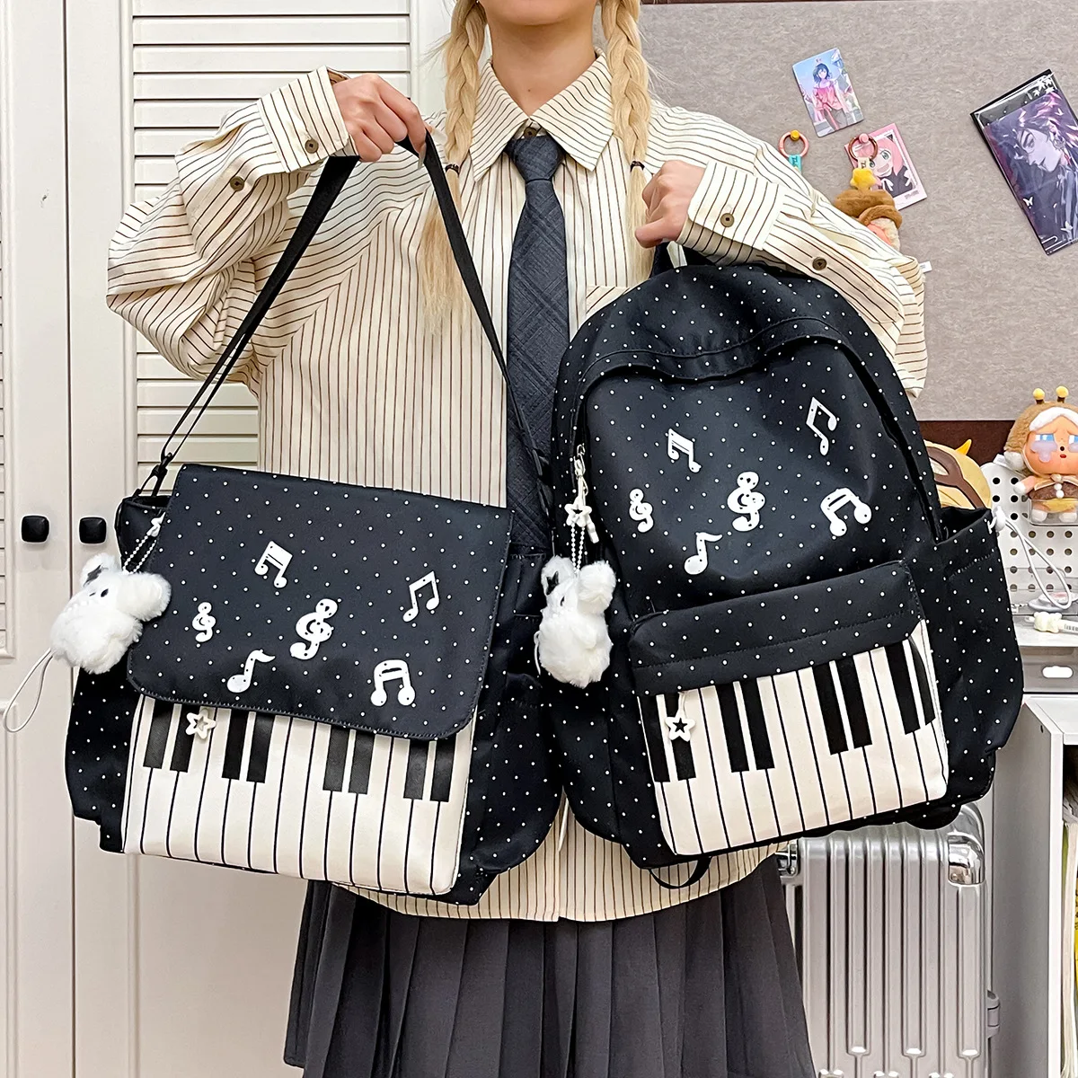 Cute Piano Music Note Print Backpack Large Capacity Canvas School Bag Simple Casual Shoulder Crossbody Commute Bag