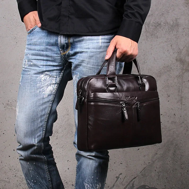 Bolso de mano de cuero genuino para hombre, maletín de mensajero, bolso de diseñador de moda, bolsos de hombro cruzados de negocios de cuero de vaca Real