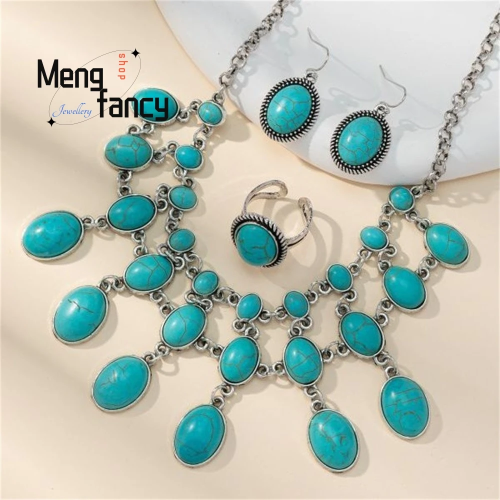 

Высококачественное новое трехслойное бирюзовое ожерелье в богемном стиле в стиле ретро, кольцо, серьги и комплект украшений в этническом стиле, бестселлер, элегантный