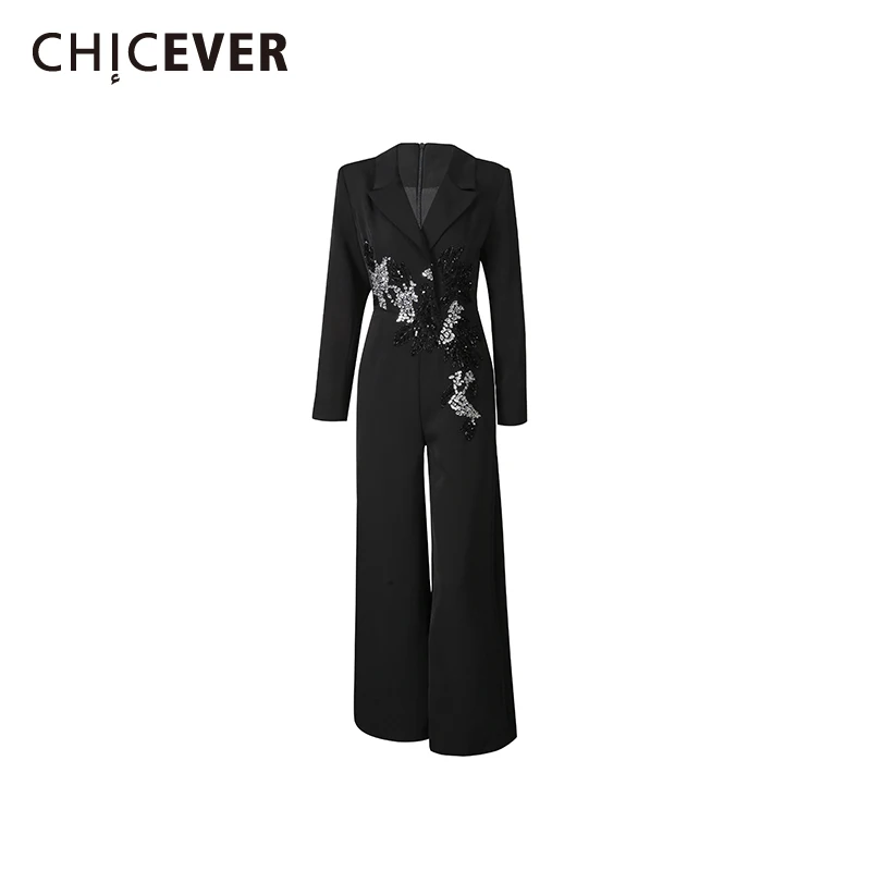 

CHICEVER черный шикарный комбинезон с бриллиантами, женский комбинезон с лацканами и длинными рукавами для похудения, офисные женские комбинезоны, осенняя мода, новинка