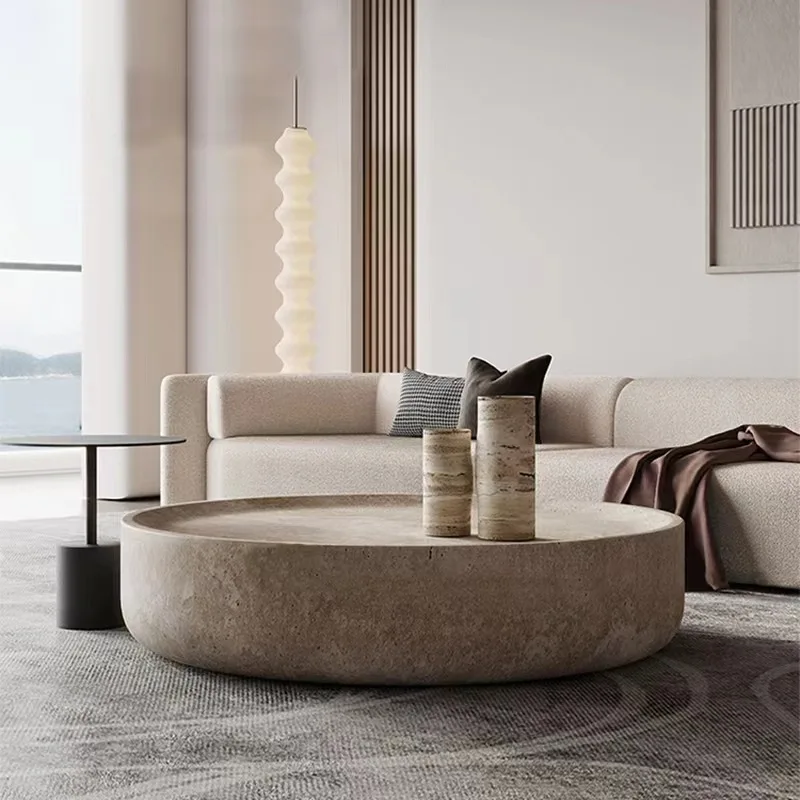 Nordic simple round glass fiber imitation travertine veneer coffee table side table living room coffee table