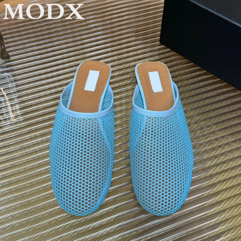 French High Quality Niche Slippers Brand New Mesh Sheepskin Closed Toe Flat Half Slippers Hollow Women\'s Summer Outdoor Sandals