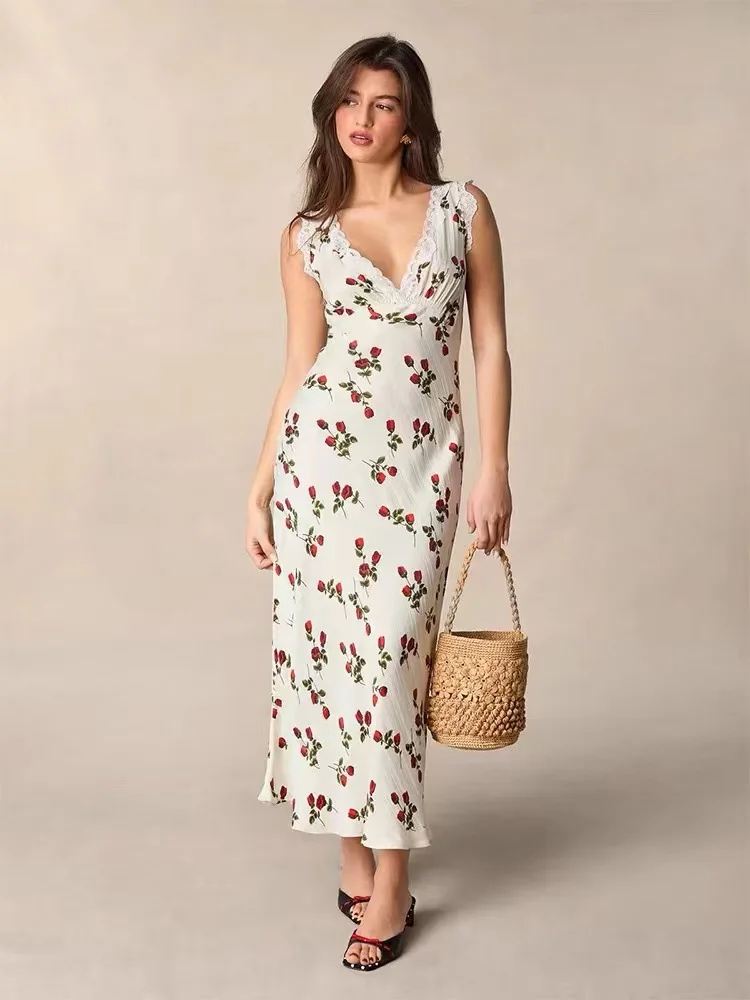 

Women's Sling Dress 2024 Spring Summer Lace Flower Printed V-neck Slim fit Sweet Sleeveless Robe