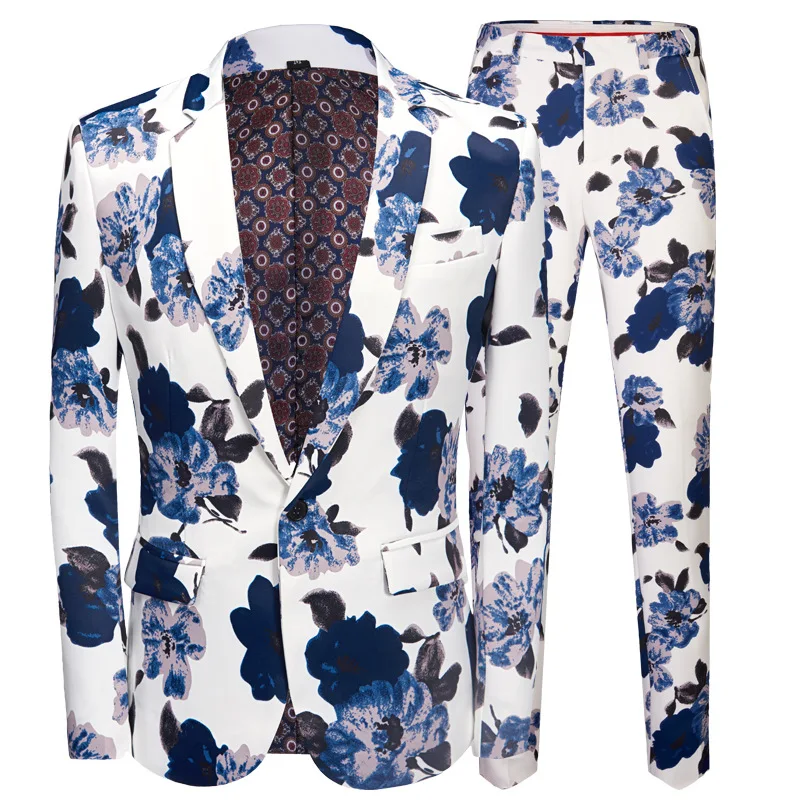 Fashion Men‘s Casual Blue  and White Flower Printing Suit / Male Slim Stage Party Host Singer 2 Pcs Blazers Sets Jacket Pants