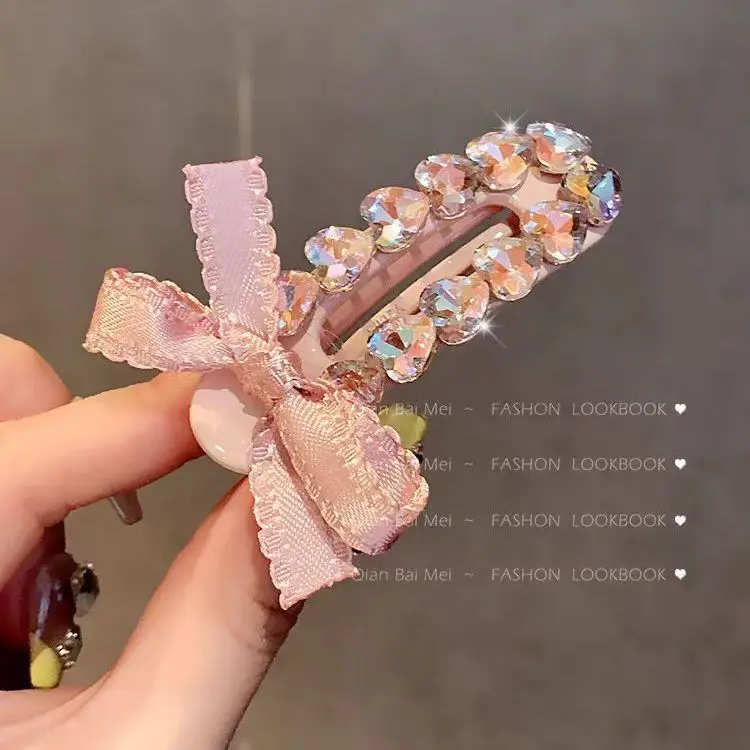 

Beautiful Korean Style Sparkling Diamond Hair Clip Pink Bow Headband with Sweet Bangs Clip Edge Clip for Women's Party Look