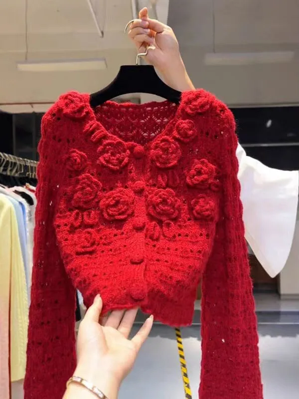 

Retro Red 3D Flower Long Sve Knitted Open Cardigan Women's Spring Slimming Versatile Sweater High-End Feeling Top