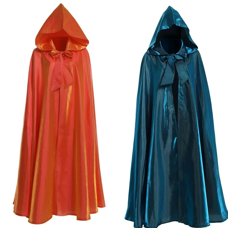 Bata de Cosplay de Halloween para hombres y mujeres, capucha, capa Medieval roja satinada, brujería de héroe largo, nuevo