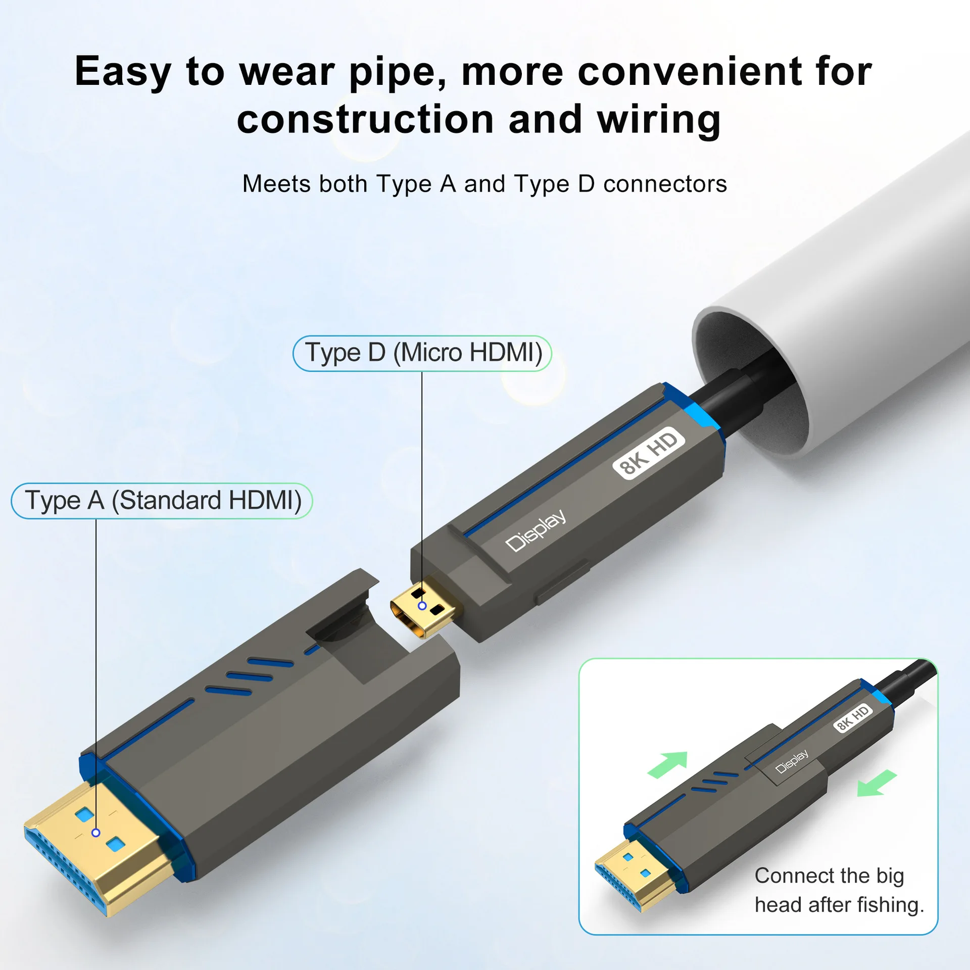 8K 60Hz 4K 120Hz Industrial Grade Optical Fiber Cable Micro HDMI To HDMI-compatible Removable Head