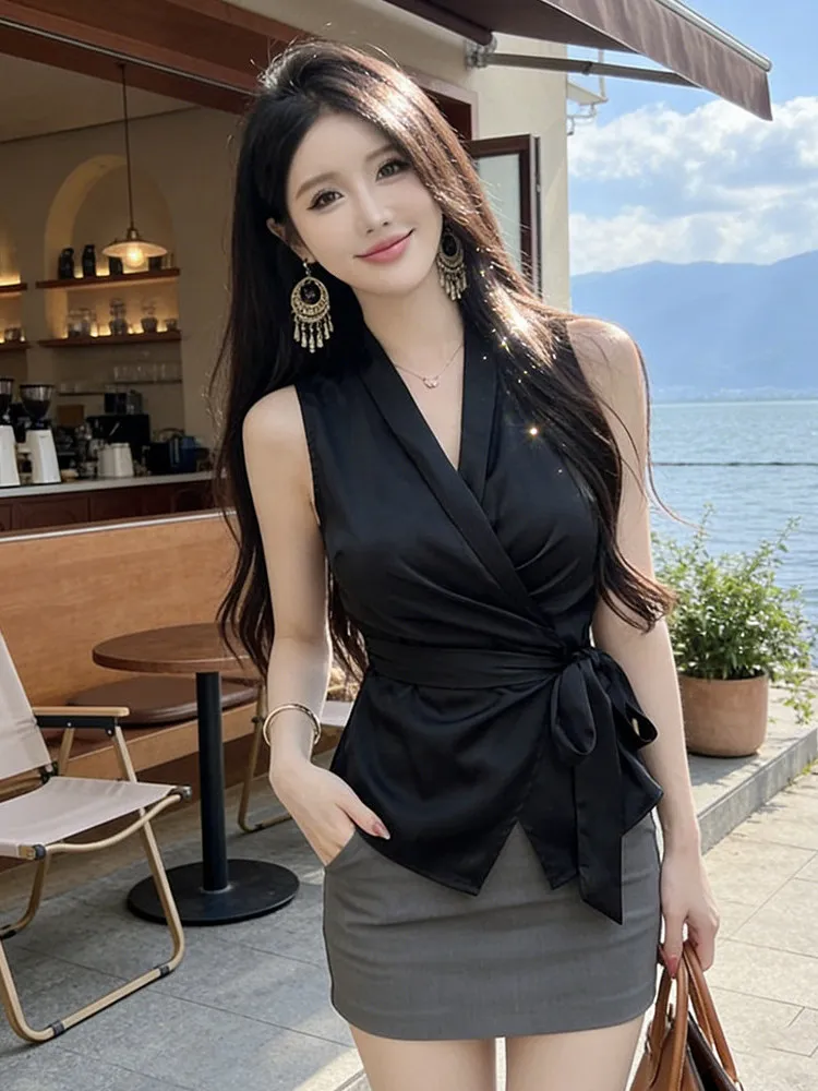 

Корейский элегантный топ с V-образным вырезом и поясом для женщин, весна-лето, приталенный, черный, с эффектом стройности, премиум-класса