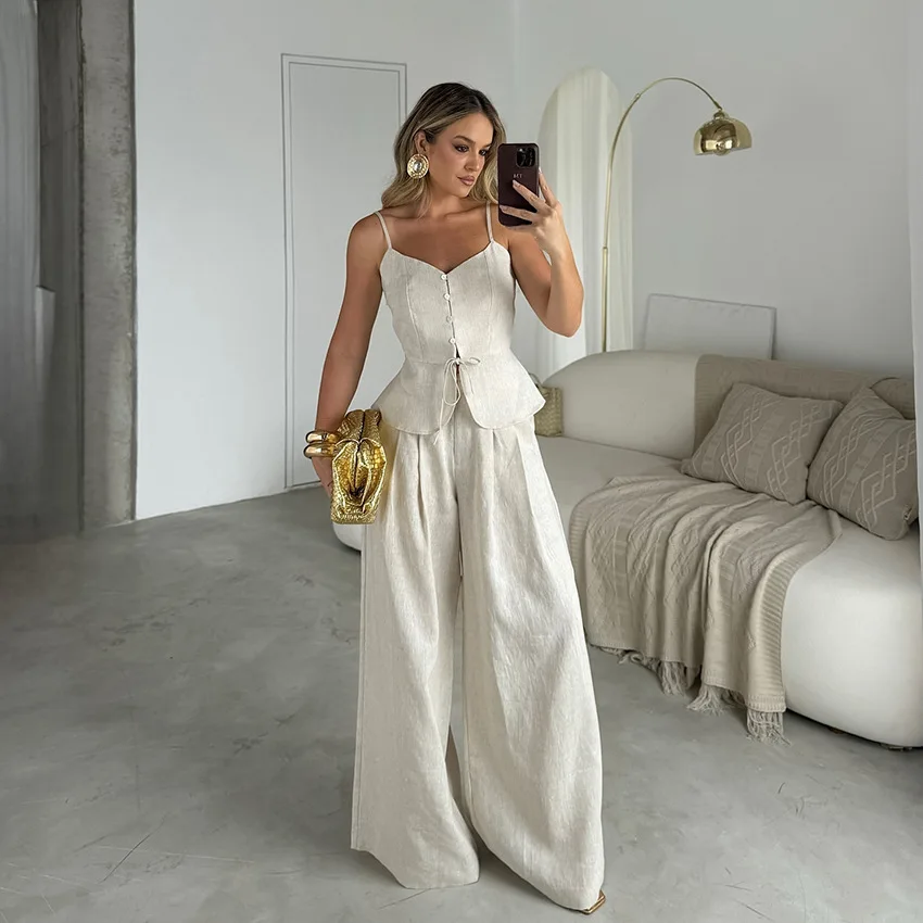 

BKLD 2025 Autumn New Casual Cotton And Linen Set Women Clothing Wide Leg Pants Front Button Strap Tops Commuter Two Piece Sets