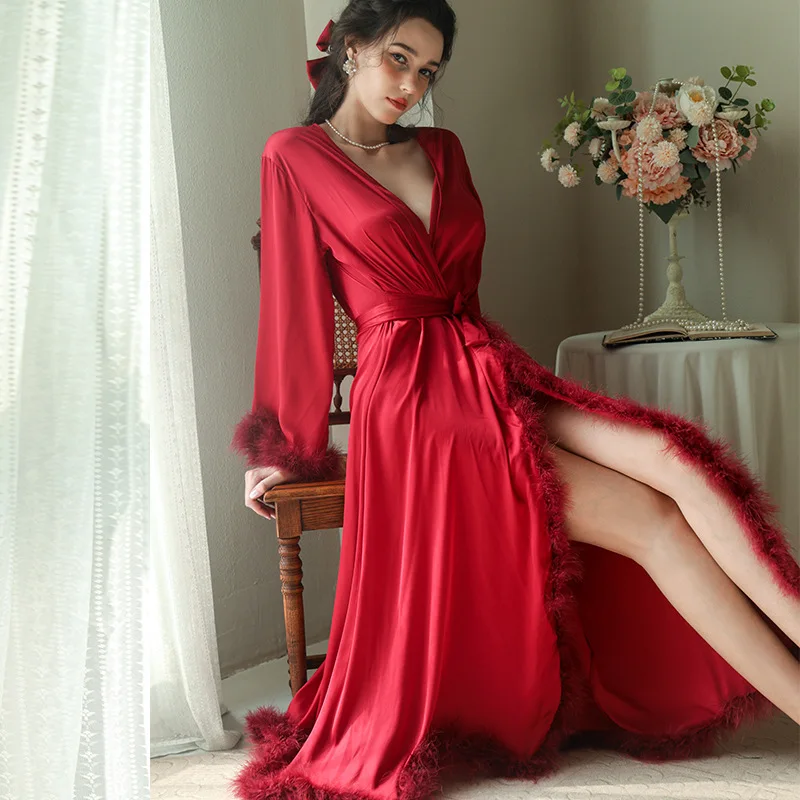 Bride Robe Satin Sleepwear Long Kimono Gown Female Sexy Feather Sleeve Nightdress Loungewear Wedding Party Lounge Nightgown