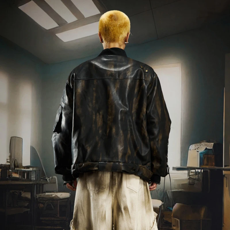 LUZHEN الأصلي خمر نمط التعادل مصبوغ جيوب تزيين الدراجات النارية سترة جلدية الرجال 2025 الشتاء الدافئة مبطن الملابس JY4958 #3