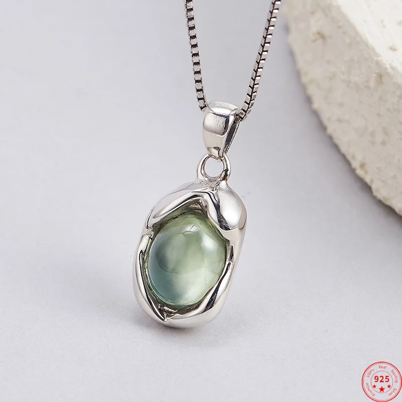 

S925 Sterling Silver Pendant for Women Men Minimalist Irregular Geometric Inlaid Prehnite Charm Fashion Jewelry Wholesale