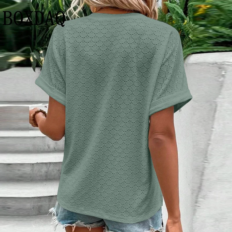 Women Summer Trendy Simple Casual Fashion Button T Shirt V Neck Short Sleeve Solid Loose Pullover Tops Plus Size Ropa De Mujer