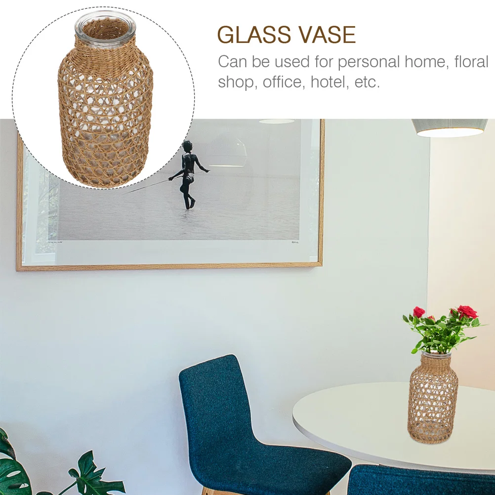

Woven Glass Dried Flower Vase Straw Handmade Decorative Table Vase Rustic Style Home Office Flower Arrangement Holder