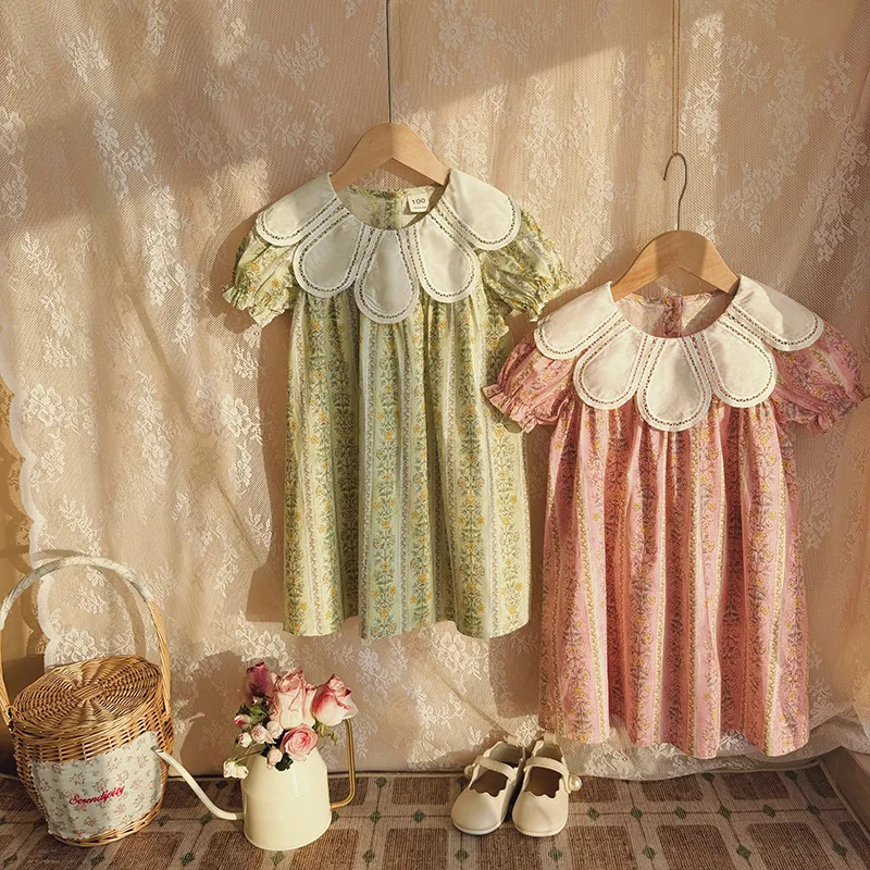 

Flower Print Girl Dress 2026 Summer New Sweet Petal Collar Baby Short Sleeve Skirt