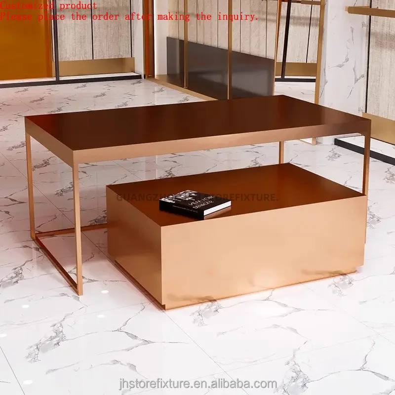 

retail woman clothing display table rose gold desk display shoe and bag China factory table display stand