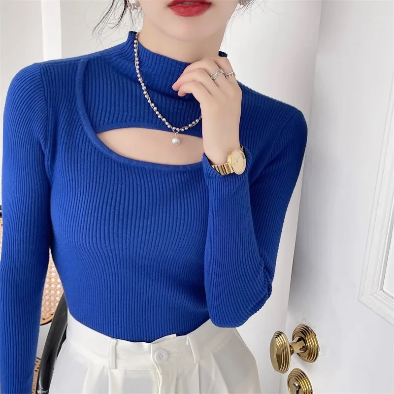 

Spring Autumn Cut Out Knit Rib Solid Sweater Ladies O-neck Hollow Out Slim Women's 2023 Fashion Casual Simple Top