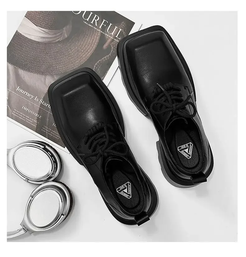 Square Head Leather Men's 2025 New British Style Shoes Platform Height-increasing Wedding Party Groom Sneakers Derby Boots