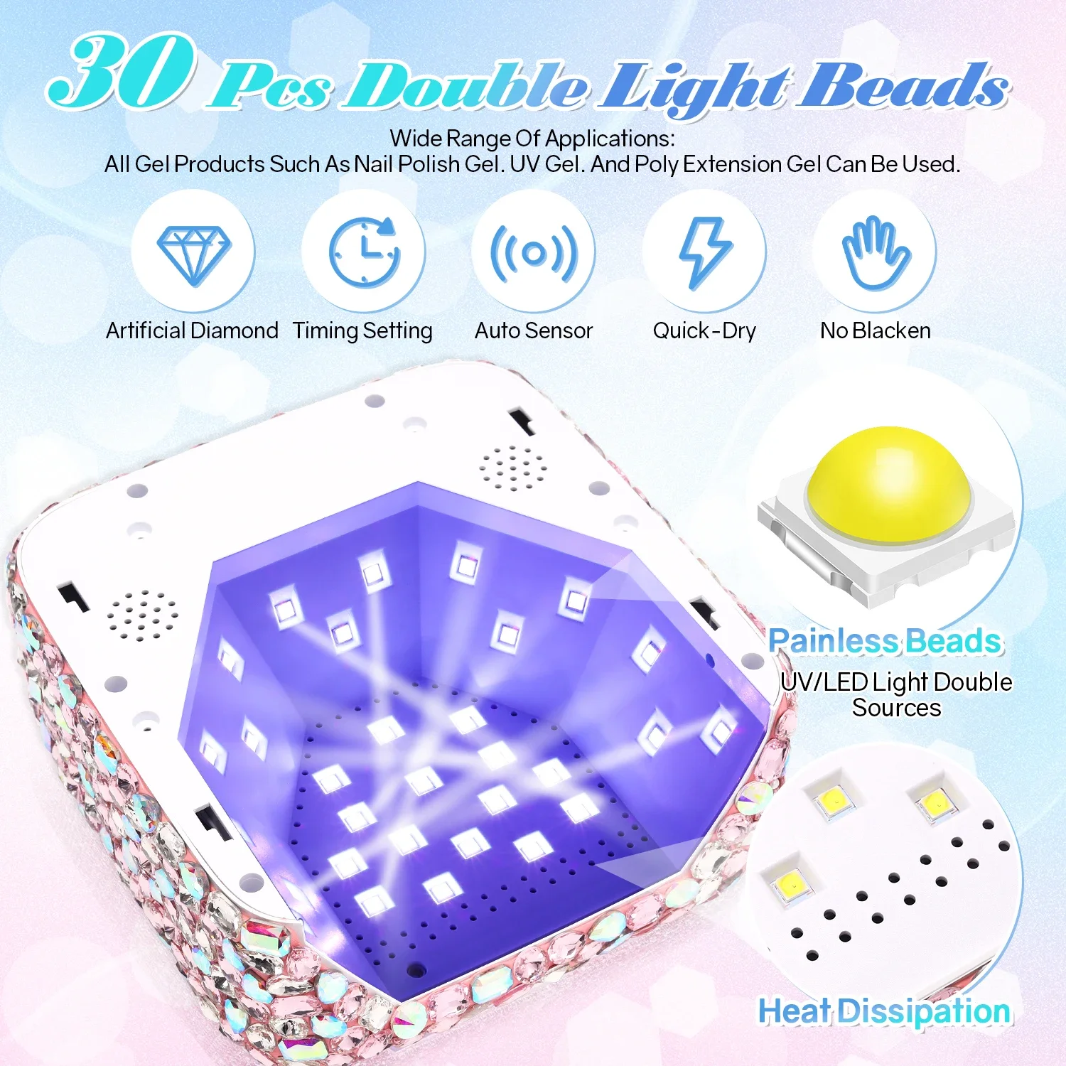 Cordless UV Lamp for Nails Rechargeable 30 LEDs Nail Dryer with 5 Timer Settings UV Cabin Manicure Light for Nail Salon Tools