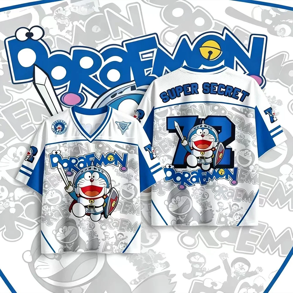 Doraemon Anime Number 72 Printed Jersey Short Sleeve Shirt Breathable Loose Oversized Casual Sports Tops Unisex Streetwear