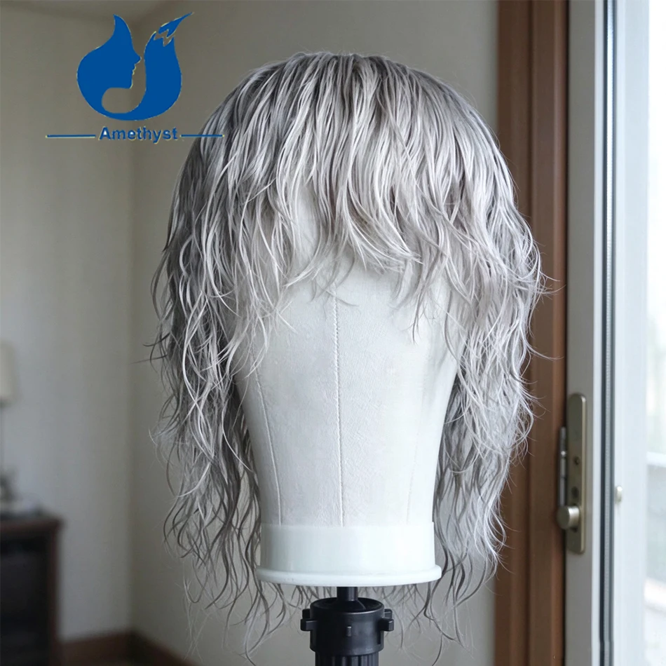 Amethyst Ash Silver Blonde Full Lace Wig for Men Short Wolf Cut Human Hair Remy Brazilian Style with Bang Layered Wavy 60# White