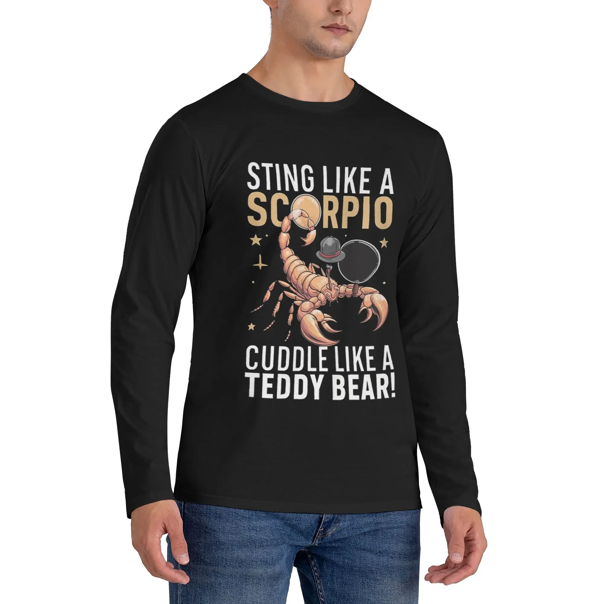 

Sting like a Scorpio, cuddle like a teddy bear Men's Long Sleeved T-shirt Round Neck T shirts Spring and Autumn Men tops