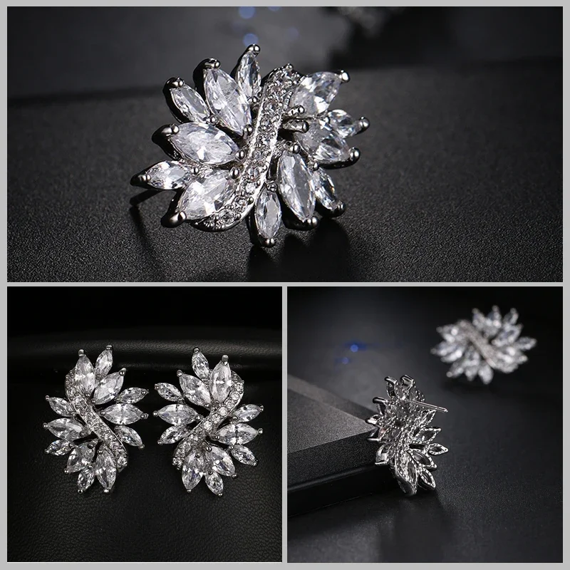 Romantic Luxury Leaf Shape Cubic Zirconia Earring Necklace Set Fashion Jewelry for Women Gift