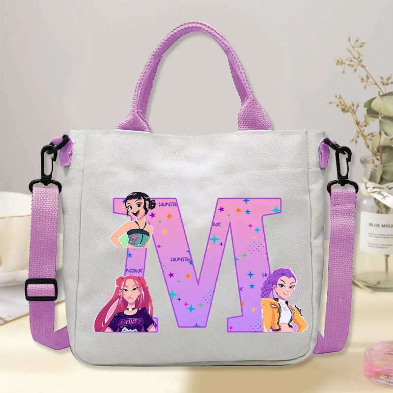 

K-pop Demon Hunters Canvas Shoulder Bag for Students Cartoon Letter Printed Crossbody Bag Girls Fashion Portable Handbag Gifts