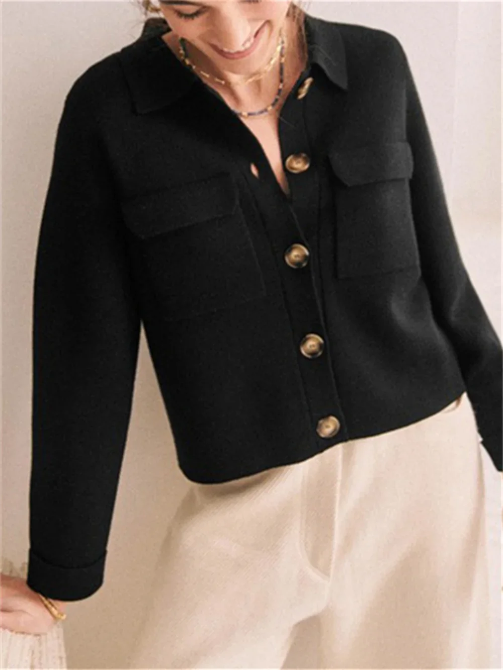 2024 French Design Women Knit Cardigan Turn-down Collar Top Jacket Classic Single Breasted Double Pockets Female Coat Clothing