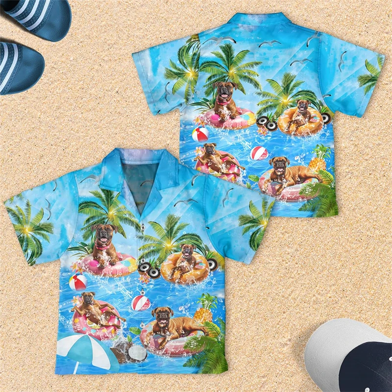 Blusa con solapa para hombre y mujer, camisa con estampado de mascota, perro, surf, natación, Bulldog, Rottweiler, estilo Kawaii, Aloha, vacaciones