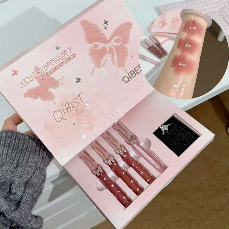 Feather Butterfly Soft Gloss Lippen-Make-up-Set, matt, matt, Herbst- und Winteratmosphäre, weiße Halskette, Lippenschlamm-Set