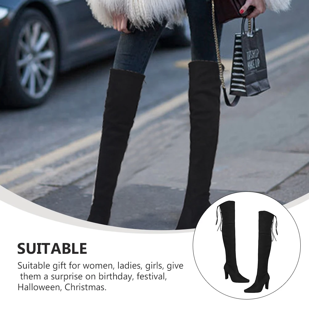 

1 пара замшевых туфель до бедра для женщин, осень-зима, элегантные теплые туфли на толстом каблуке с острым носком, стильная обувь, уютная длинная обувь до колена