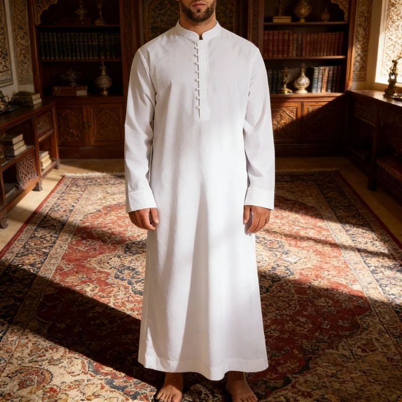 

New Round Neck Hui Robe Tropical Loose Stand Up Collar Arab Middle East Mens Clothing