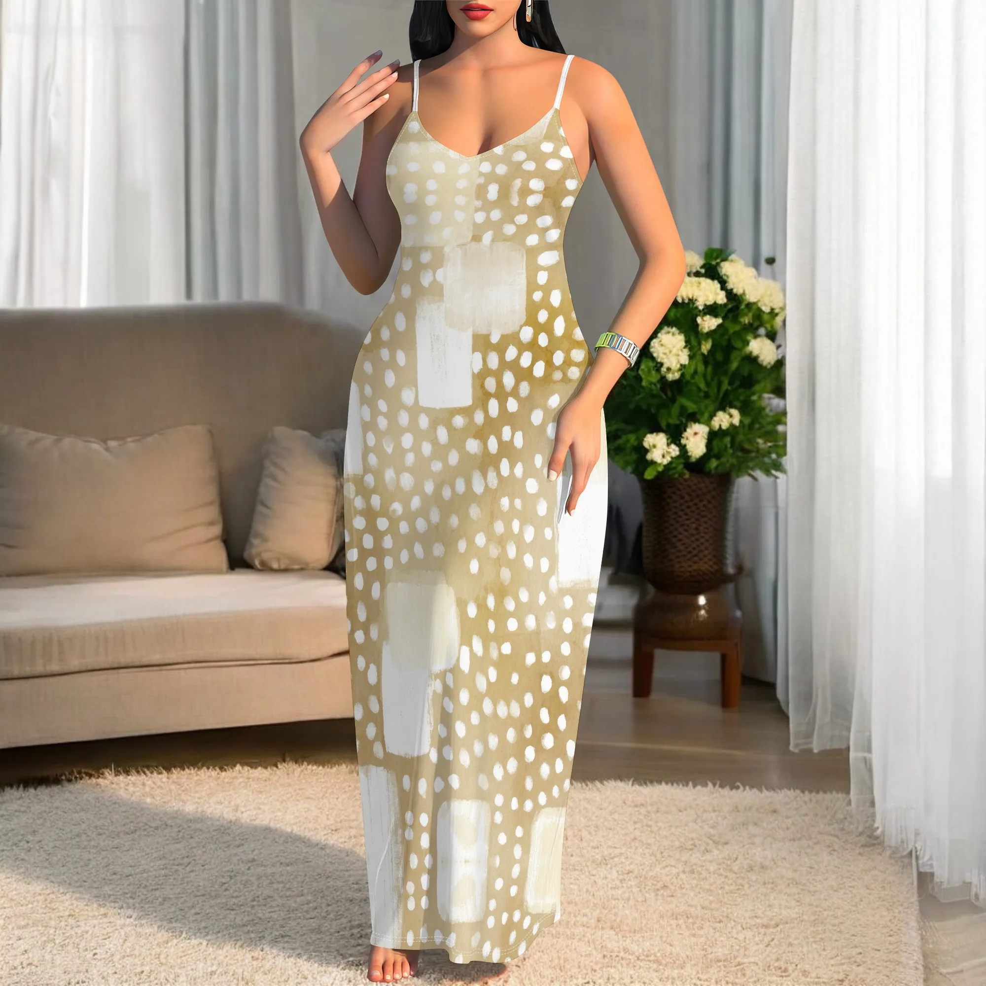 

Women's Casual Maxi Dress Abstract Print V-Neck Spaghetti Strap Sleeveless Slim Fit Dress for Holiday Vacation Wear S-3XL