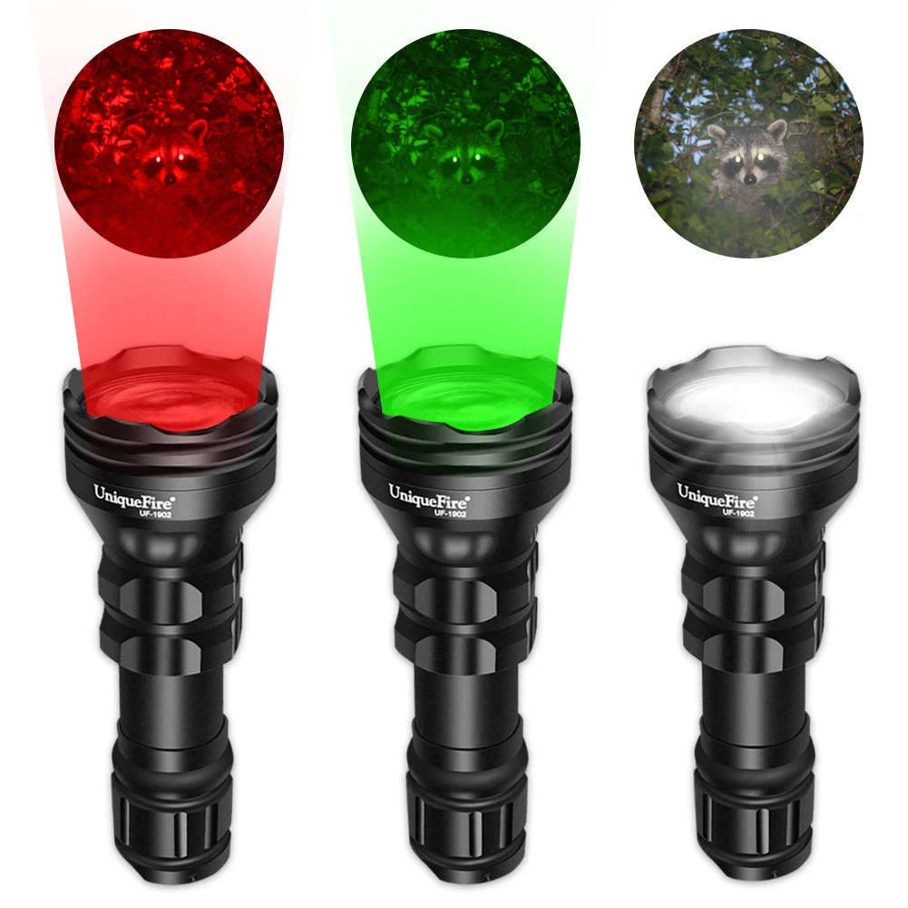 

UniqueFire 1903 Hunting LED Flashlight XPE Green Red Wihte Light 3 Mode Zoomable Torch for Night Outdoor+Rat Tail+Chager+Bracket