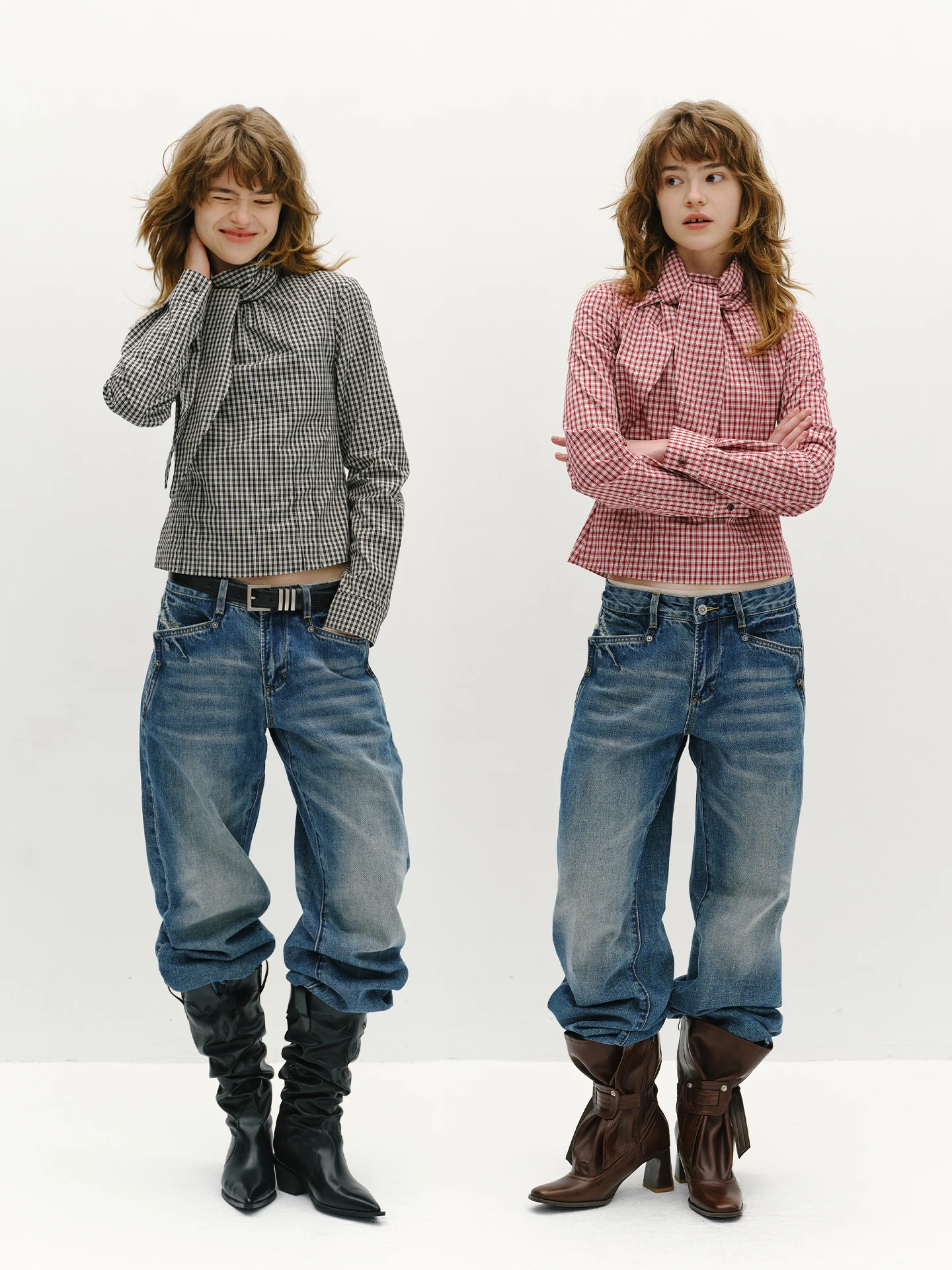 

Rose Women's Plaid irt Waist-Cinching Long Sve ort Top f Stand Collar Sa Commute Sle Cotton Blend