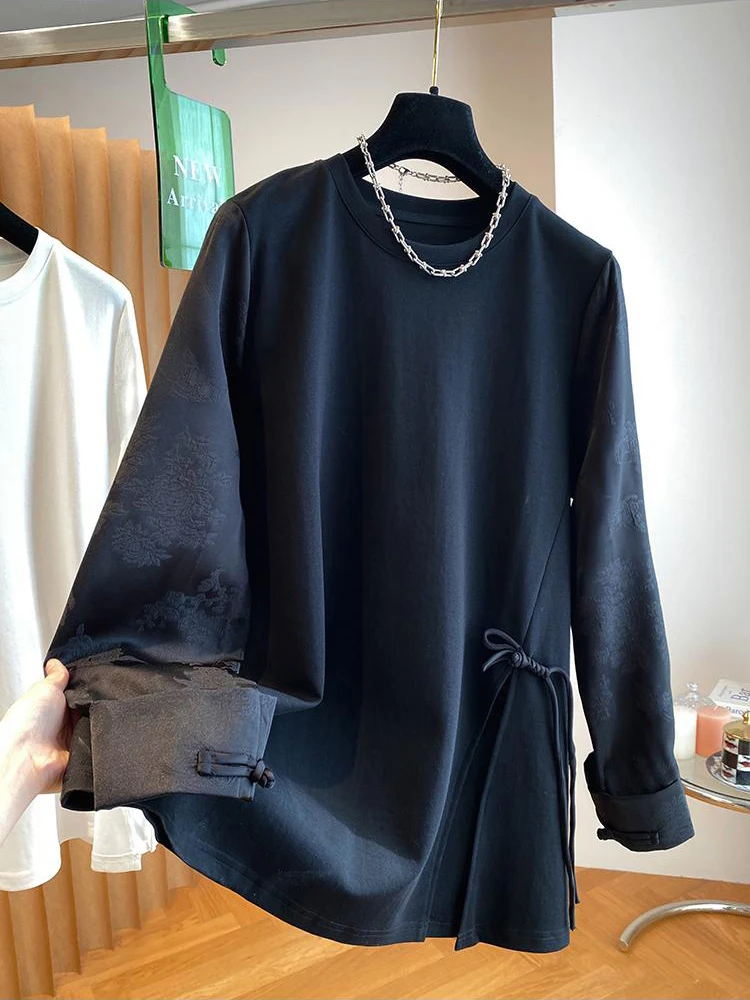 New Chinese Style Round Neck Long Sleeved T-shirt For Women\'s Autumn Fashion Loose Solid Color T-shirt Casual Versatile Tops