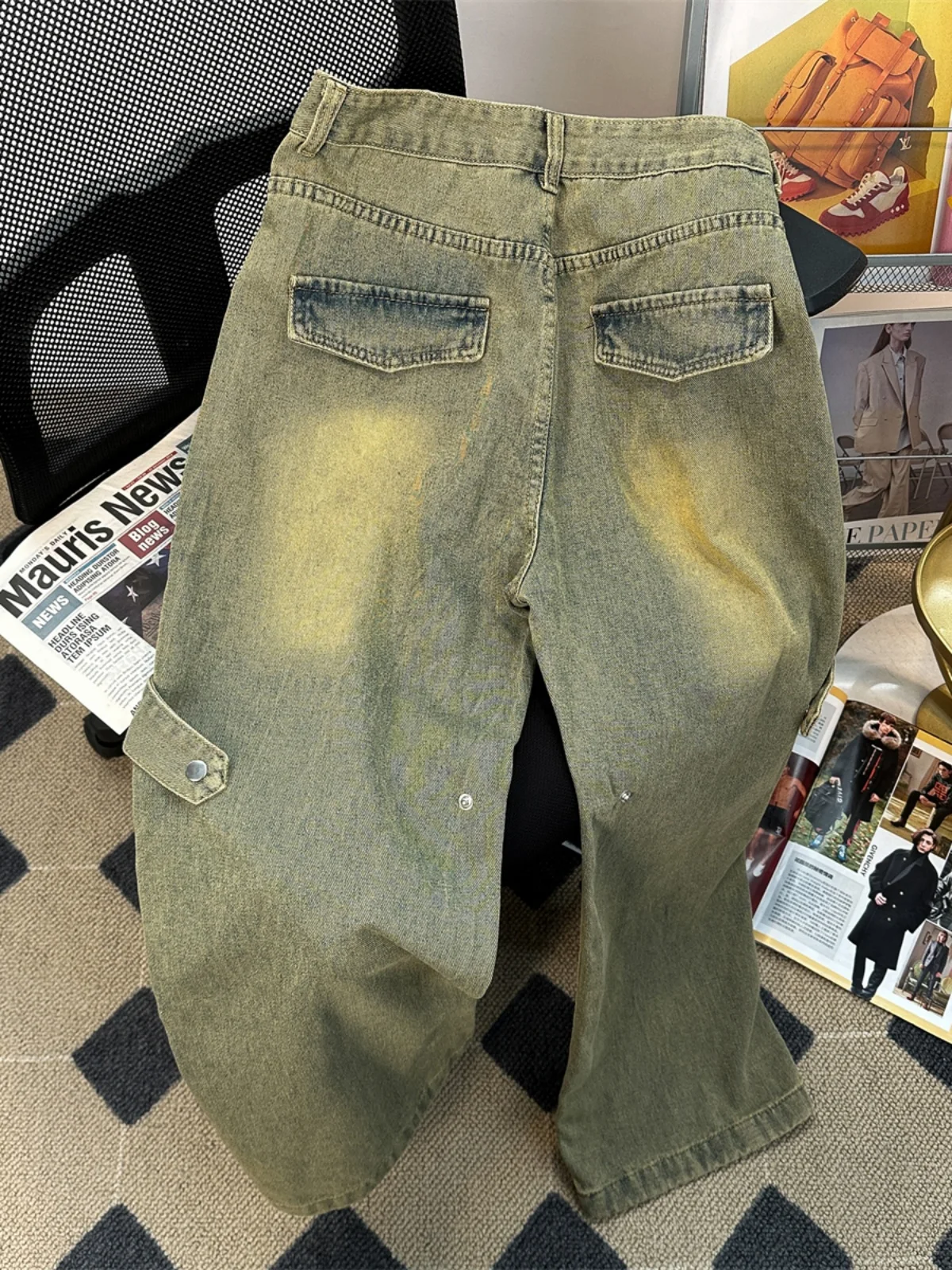 Men's Spring 2024 New Fashion Brand Mop Jeans American Style Loose Hip Hop Washed Wide-Leg Pants