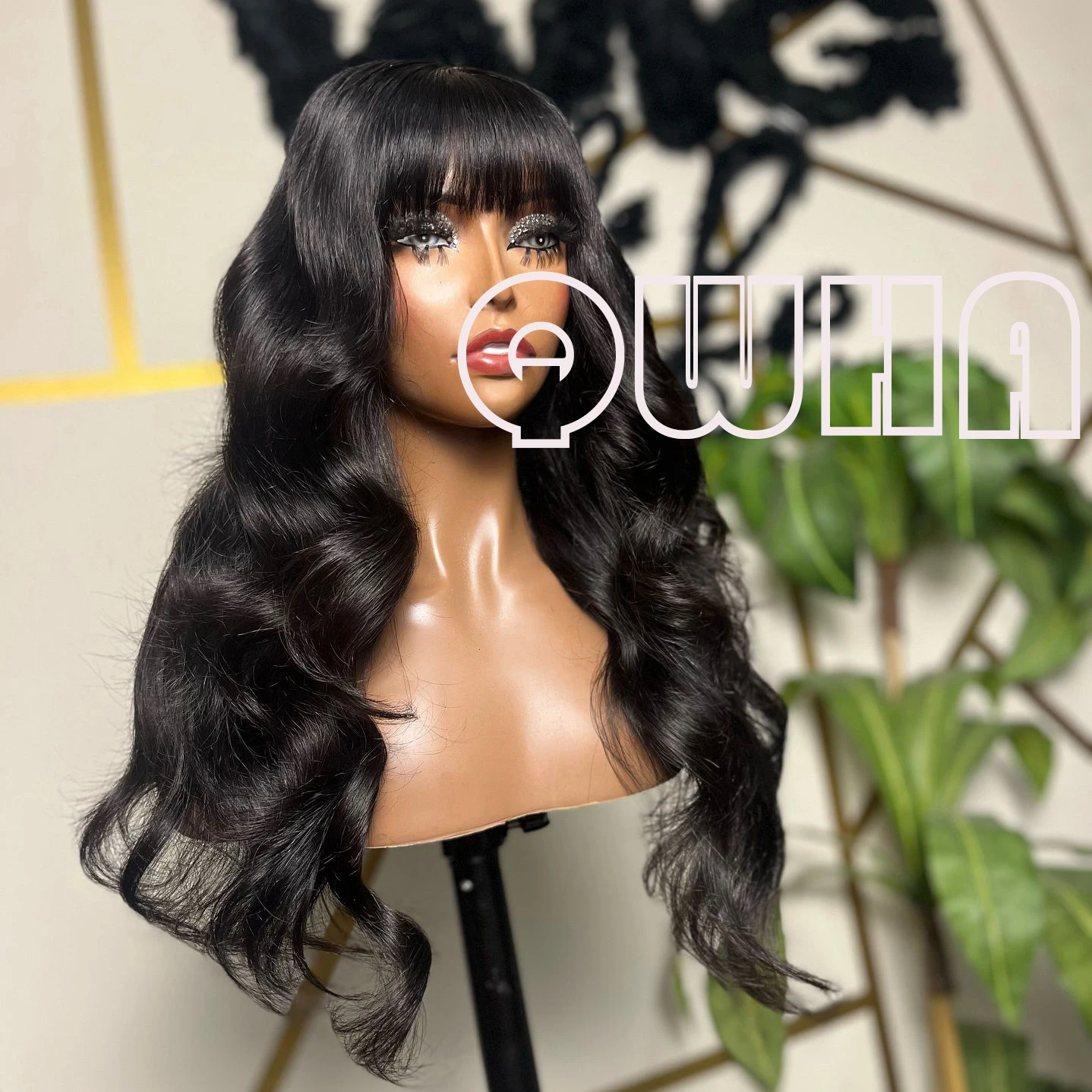 QW Synthetic Hair Bangs Black  Loose Wave Soft 13X4 Lace Front Wig For Women Hair Heat Resistant Fiber Cosplay  Daily