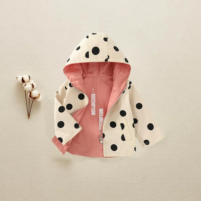 1 2 3 4 5 Years Girls Jacket Spring Autumn Dots Double Sided Fashion Princess Windbreaker Hooded Zipper Baby Coat Kids Clothes